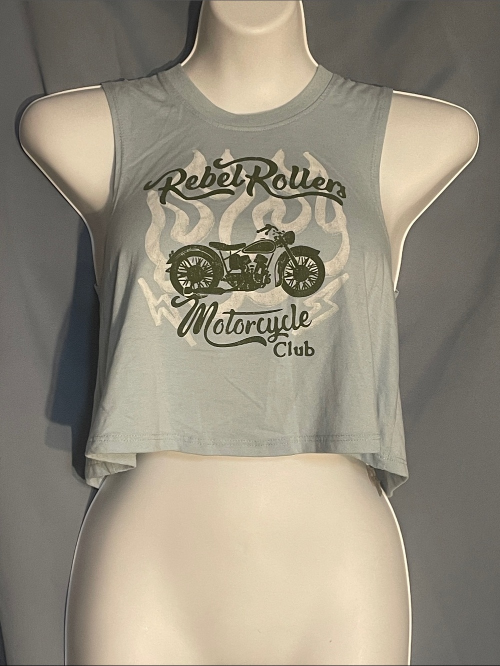 Rebel Rollers Light Gray Cropped Tank Top - Motorcycle Graphic